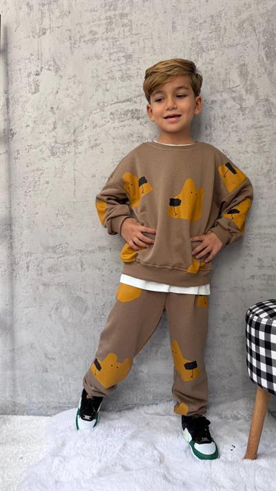 Erkek Çocuk Pamuklu Kahverengi Ayı Desenli Sweatshirt ve Jogger Eşofman Takımı - Rahat Günlük Stil