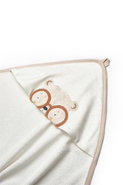  Pamuklu Bebek Kapüşonlu Ayı Desenli Havlu Seti - Krem Bej 2 Parça