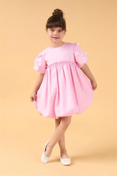 Kız Çocuk Pamuklu  Fiyonklu Balon Kollu Elbise