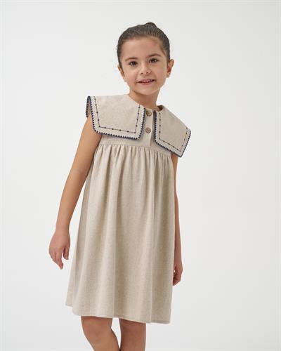 Kız Çocuk Keten Bej Nakışlı Geniş Yaka Elbise 