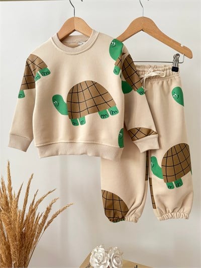 Çocuk Oversize Kaplumbağa Desenli Bej Sweatshirt ve Eşofman Altı Takımı