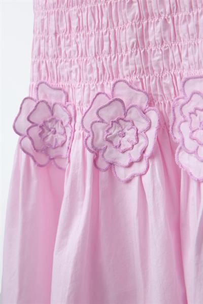 Kız Çocuk Pamuklu Pembe Çiçek Aplikeli Kat Etekli Elbise - Yazlık Kolsuz Model