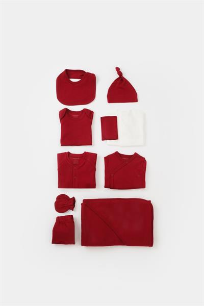 Unisex Bebek Organik Pamuklu Bordo 10 Parça Hastane Çıkış Seti 