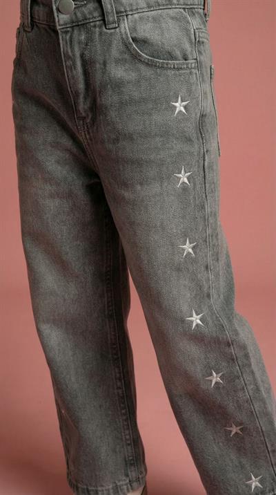 Kız Çocuk Pamuklu Gri Yıldız Desenli Denim Pantolon – Rahat Kesim, Günlük Kullanım