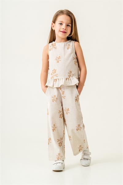 Kız Çocuk Ekru Çiçek Desenli Poplin Keten Bluz ve Pantolon Takımı
