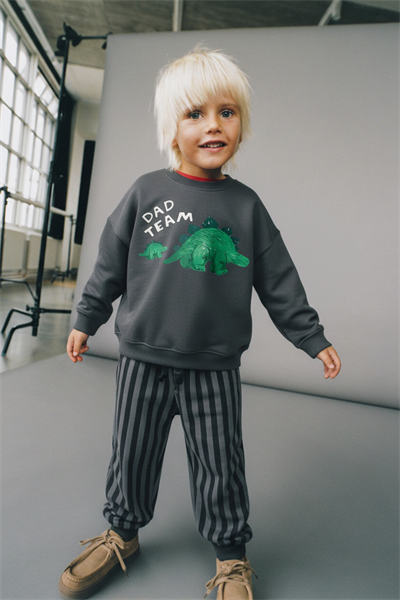 Erkek Çocuk Pamuklu Gri Sevimli Hayvancık Baskılı Sweatshirt - Dad Team Yazılı