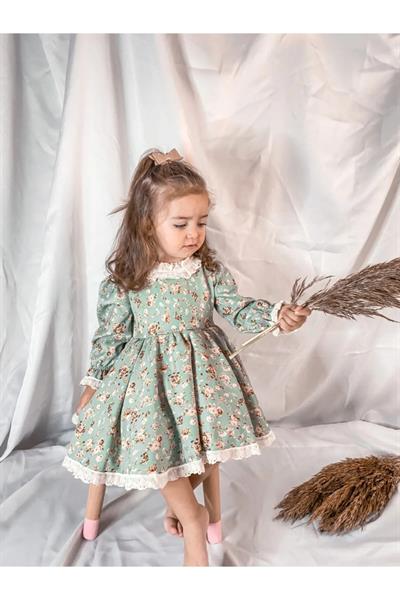 Kız Çocuk Mint Çiçek Vintage Elbise