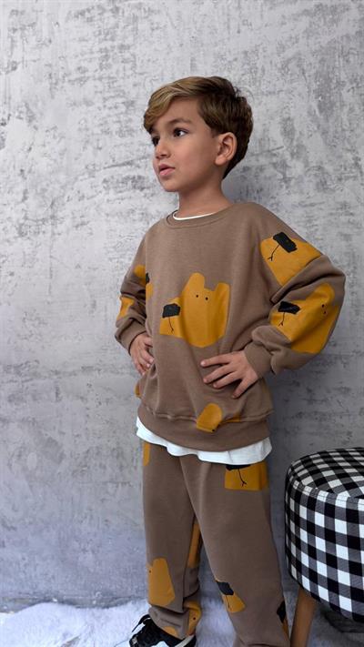 Erkek Çocuk Pamuklu Kahverengi Ayı Desenli Sweatshirt ve Jogger Eşofman Takımı - Rahat Günlük Stil