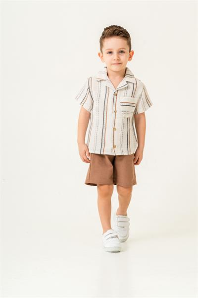 Erkek Çocuk Müslin İki Parçalı Takım Çizgili Kısa Kollu Gömlek & Şort, Yazlık ve Nefes Alabilen Kumaş