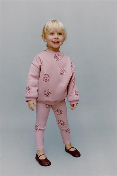 Kız Çocuk Pamuklu Pembe Çiçek Baskılı Sweatshirt Tayt Takım