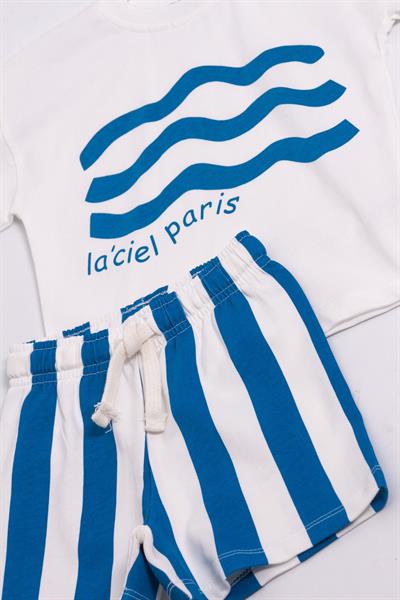 Erkek Çocuk Pamuklu Beyaz LaCiel Paris Baskılı Takım - Dalga Desenli Mavi Çizgili Şort