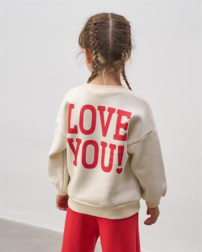 Kız Çocuk Pamuklu Ekru Kalpli Sweatshirt Kırmızı İspanyol Paça Eşofman Alt Takım