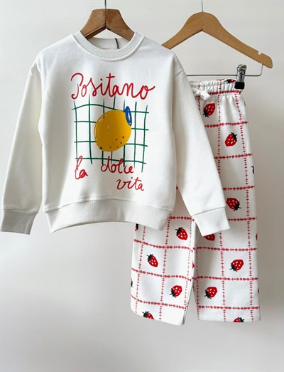 Kız Çocuk Limon Baskılı Ekru Sweatshirt ve Çilek Desenli Eşofman Takımı