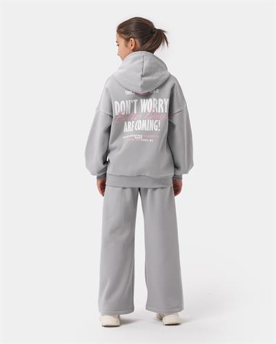 Kız Çocuk Pamuklu Gri Kapüşonlu  Sweatshirt ve Palazzo Eşofman Takımı