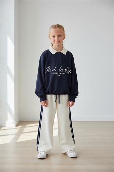 Kız Çocuk Pamuklu Lacivert-Beyaz Paris Baskılı Polo Yaka Eşofman Takımı - Şerit Detaylı