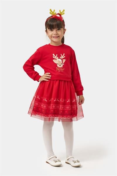 Kız Çocuk Pamuklu Kırmızı Geyik Desenli Tüllü Elbise - Yılbaşı Konseptli Oh Deer Baskılı