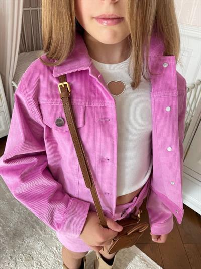 Kız Çocuk Pamuklu Fuşya Ceketli Etek Takım - Düğme Detaylı Crop Ceket