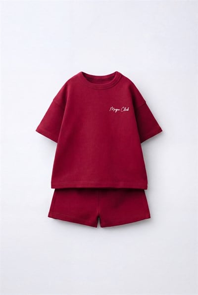 Unisex Çocuk Pamuklu Bordo Magu Club T-shirt Şort Takım