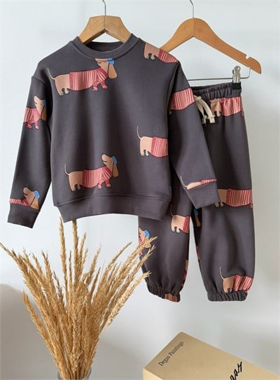 Çocuk Pamuklu Köpek Desenli Antrasit Sweatshirt ve Eşofman Altı Takımı