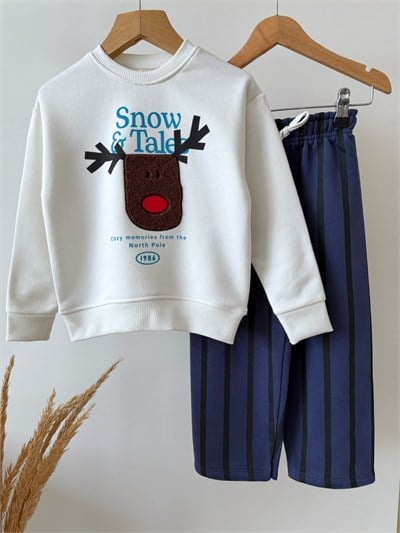 Erkek Çocuk Pamuklu Geyik Aplikeli Sweatshirt ve Çizgili Eşofman Takımı
