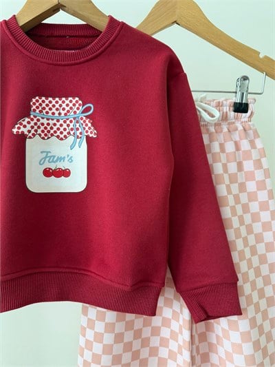 Kız Çocuk Pamuklu Baskılı Bordo Sweatshirt ve Eşofman Takımı