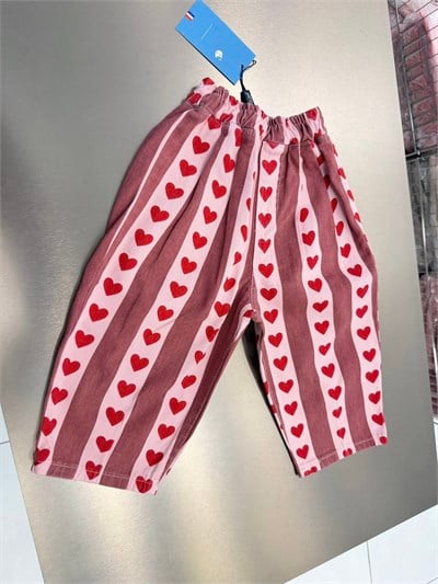 Kız Çocuk Pamuklu Kalp Desenli Pembe Çizgili Bol Paça Pantolon