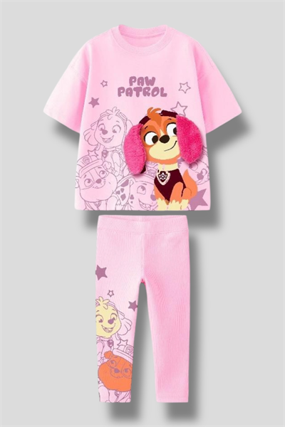 Kız Çocuk Paw Patrol Karakter Baskılı 2li Takım - Kulak Detaylı Tişört ve Desenli Tayt