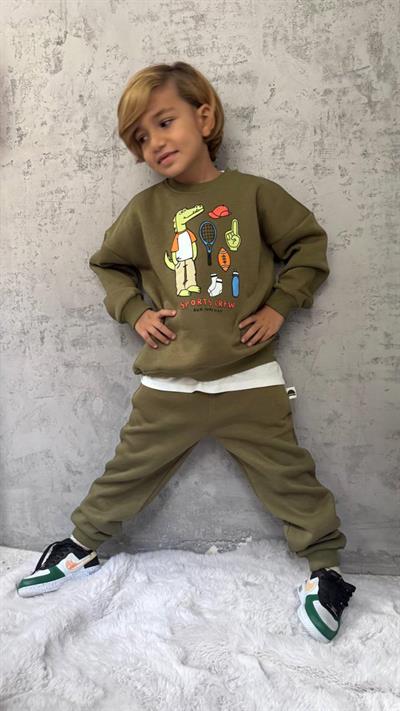 Erkek Çocuk Pamuklu Haki Timsah Baskılı Sweatshirt ve Eşofman Altı Takım - Spor Tarz Rahat Kesim