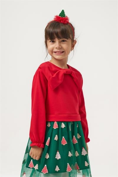 Kız Çocuk Pamuklu Kırmızı Fiyonklu Uzun Kollu Yeşil Ağaç Desenli Tüllü Elbise - Yılbaşı Konseptli