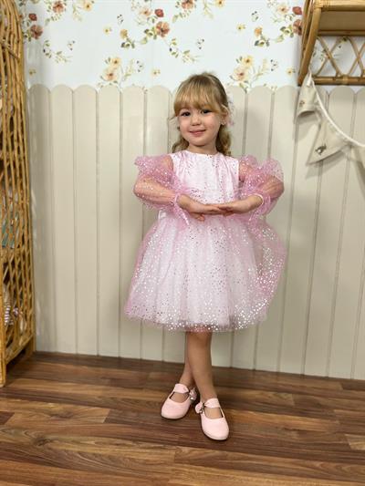 Kız Çocuk Pamuklu Pembe Parıltılı Parti ve Özel Gün Elbisesi – Rahat Astarlı Tasarım