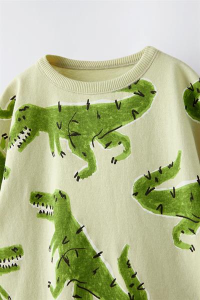 Erkek Çocuk Pamuklu Açık Yeşil Dinozor Desenli Yazlık Şortlu T-shirt Takım