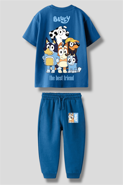 Erkek Çocuk Pamuklu Mavi Karakter Baskılı T-Shirt Jogger Pantolon Takım