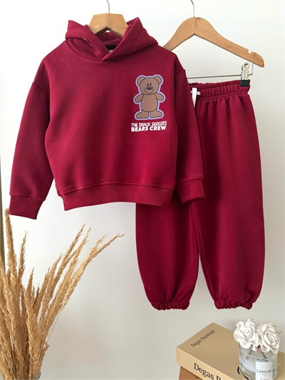 Çocuk  Ayıcık Baskılı Bordo Kapüşonlu Sweatshirt ve Eşofman Altı Takımı