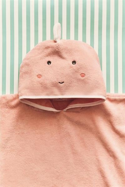 Pamuklu Somon Kapüşonlu Çocuk Ponço Havlu - Sevimli Yüz Desenli