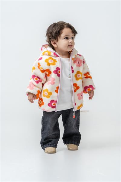 Çocuk Pamuklu Çiçek Desenli Kapüşonlu Fermuarlı Mont - Renkli Polar Dış Giyim