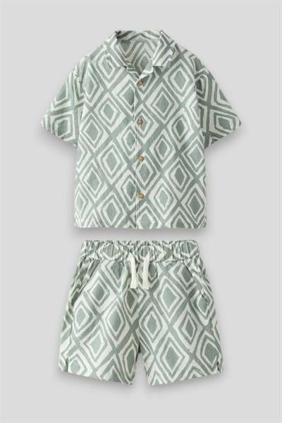 Erkek Çocuk Pamuklu Geometrik Desenli Şortlu Gömlek Takım – Yazlık Rahat Kesim