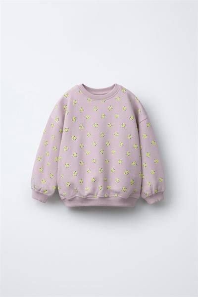 Kız Çocuk Pamuklu Lila Çiçek Desenli Sweatshirt ve Tayt Takım