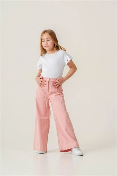 Kız Çocuk Pamuklu Beyaz Fırfır Kollu T-shirt Pembe Nakışlı Bol Paça Pantolon Takım