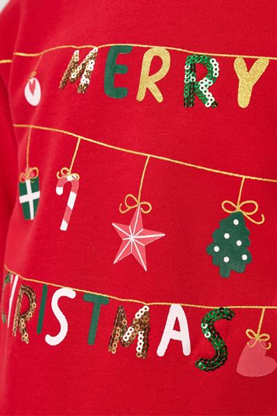 Kız Çocuk Pamuklu Kırmızı Yeni Yıl Temalı Tüllü Elbise - Merry Christmas Baskılı