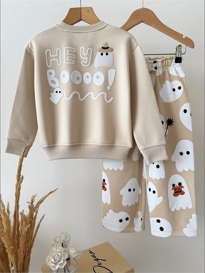Çocuk Desenli Ekru Sweatshirt ve Bol Paça Eşofman Takımı