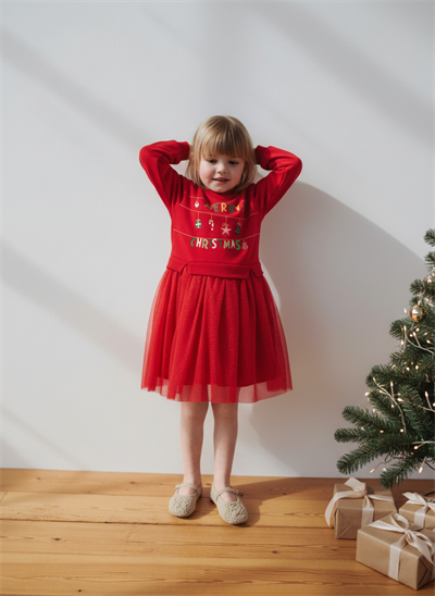 Kız Çocuk Pamuklu Kırmızı Yeni Yıl Temalı Tüllü Elbise - Merry Christmas Baskılı