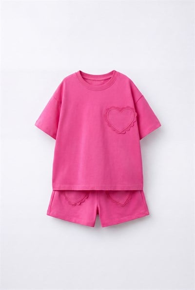 Kız Çocuk Pamuklu Pembe Kalp Cepli T-shirt Şort Takım