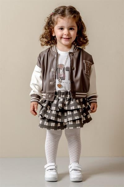 Kız Çocuk Kahverengi Ceket T Shirt ve Etek Takım