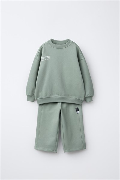 Çocuk Pamuklu Yeşili Sweatshirt ve Bol Paça Eşofman Takımı