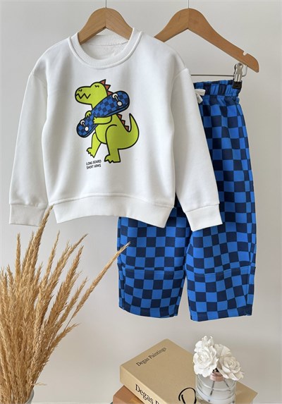 Çocuk Pamuklu Dinozor Baskılı  Sweatshirt ve Mavi Dama Eşofman Takımı
