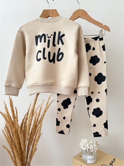 Kız Çocuk Pamuklu Milk Club Baskılı Ekru Sweatshirt ve Desenli Tayt Takımı