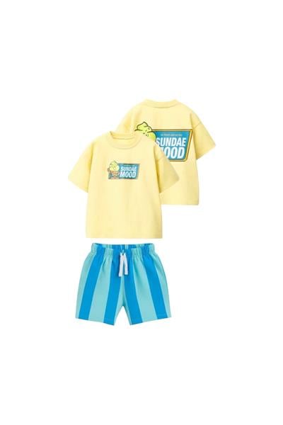 Erkek Çocuk Pamuklu Sarı Baskılı T-Shirtli Şort Takım