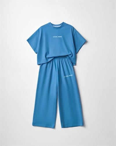 Kız Çocuk Pamuklu Mavi Baskılı T-Shirt Pantolon Takım - Bol Kesim Rahat Set