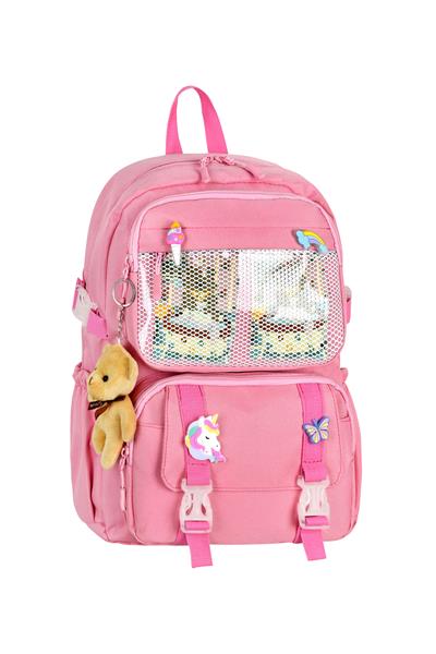 Kız Çocuk Pembe Unicorn ve Peluş Anahtarlıklı Okul Çantası - Şeffaf Cepli