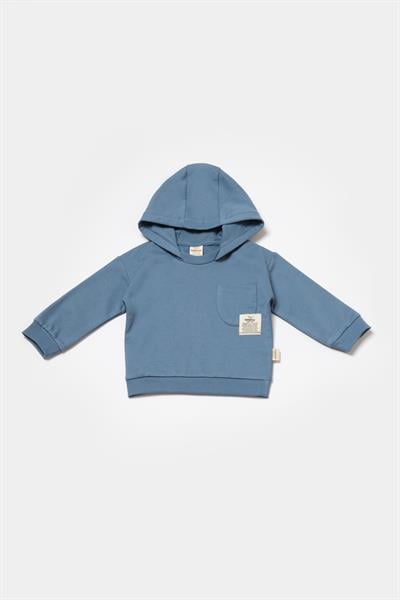 Erkek Bebek Pamuklu Mavi Kapüşonlu Eşofman Takımı - Cepli ve Lastikli